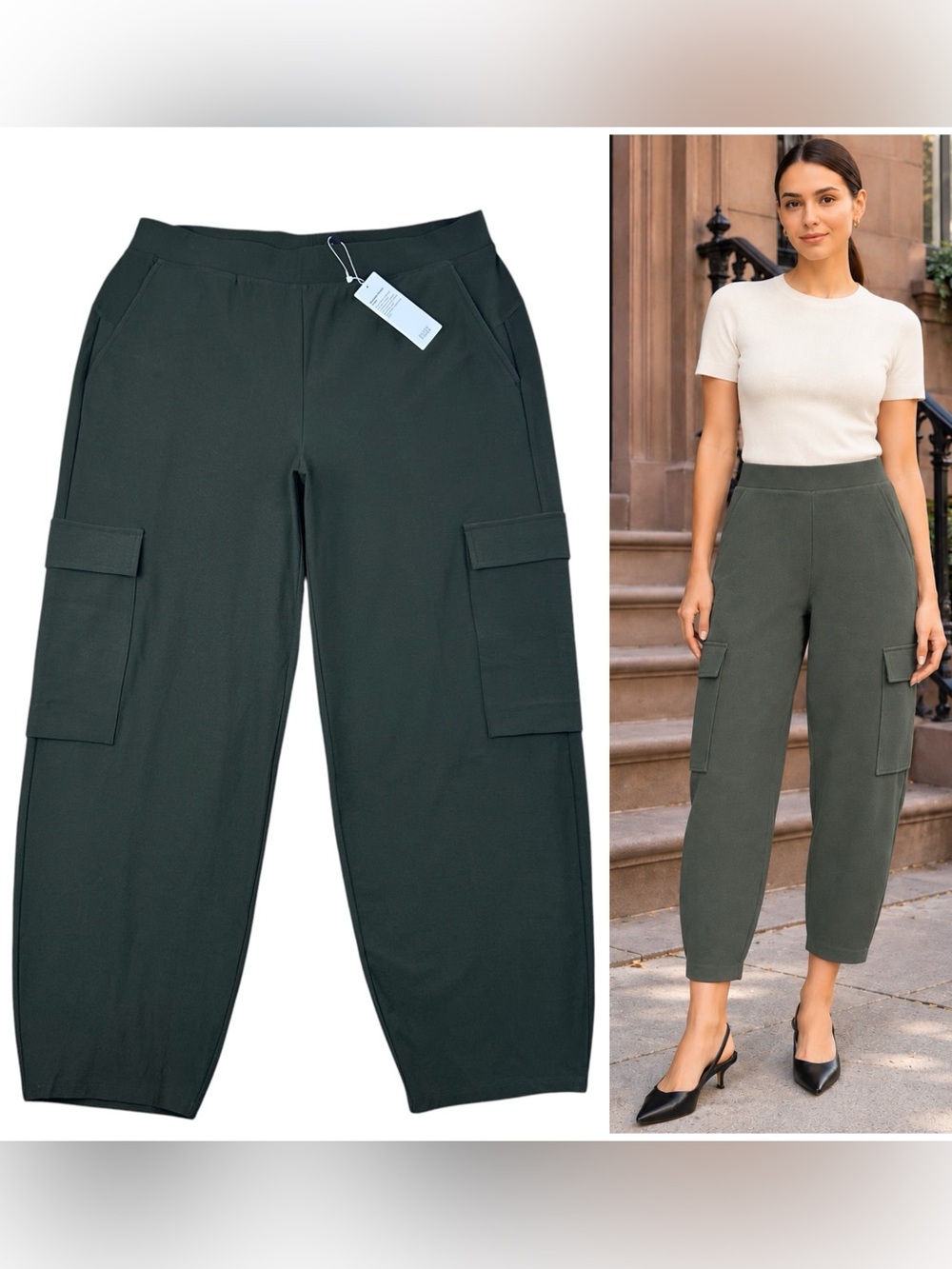 Eileen Fisher Cargo Ankle Lantern Pants Size L Stretch Crepe Pull On Utility NWT